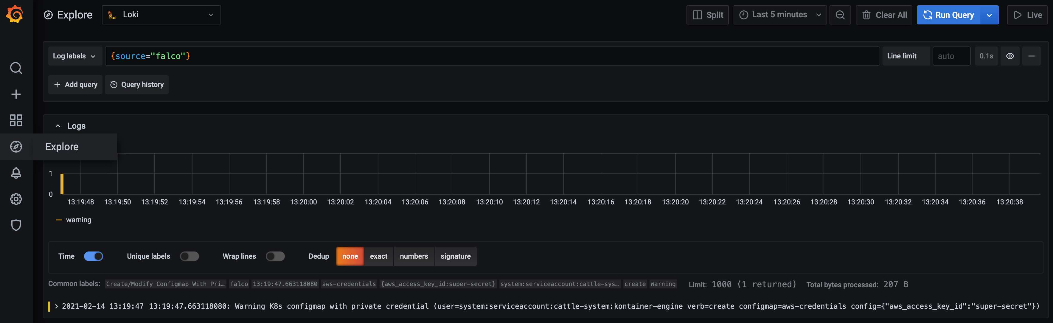 Grafana Explorer - Falco Alert Example